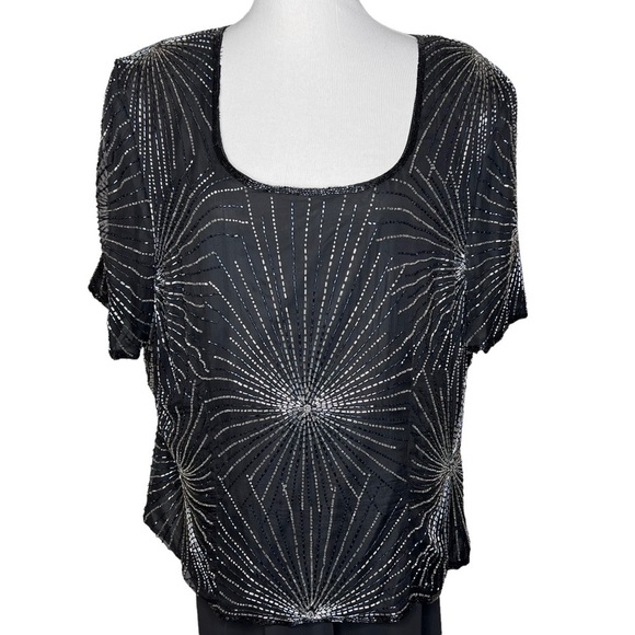 Papelle Boutique Evening Tops - Vintage 80’s Papell Black Silk Beaded Scoop Neck Short Sleeve Cocktail Blouse 3X